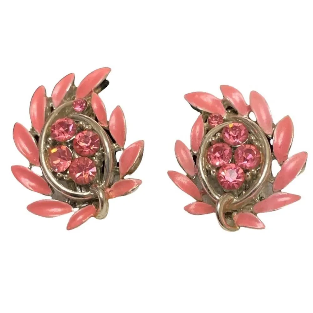 Vintage Lisner Pink Enamel And Rhinestone Clip On Earrings